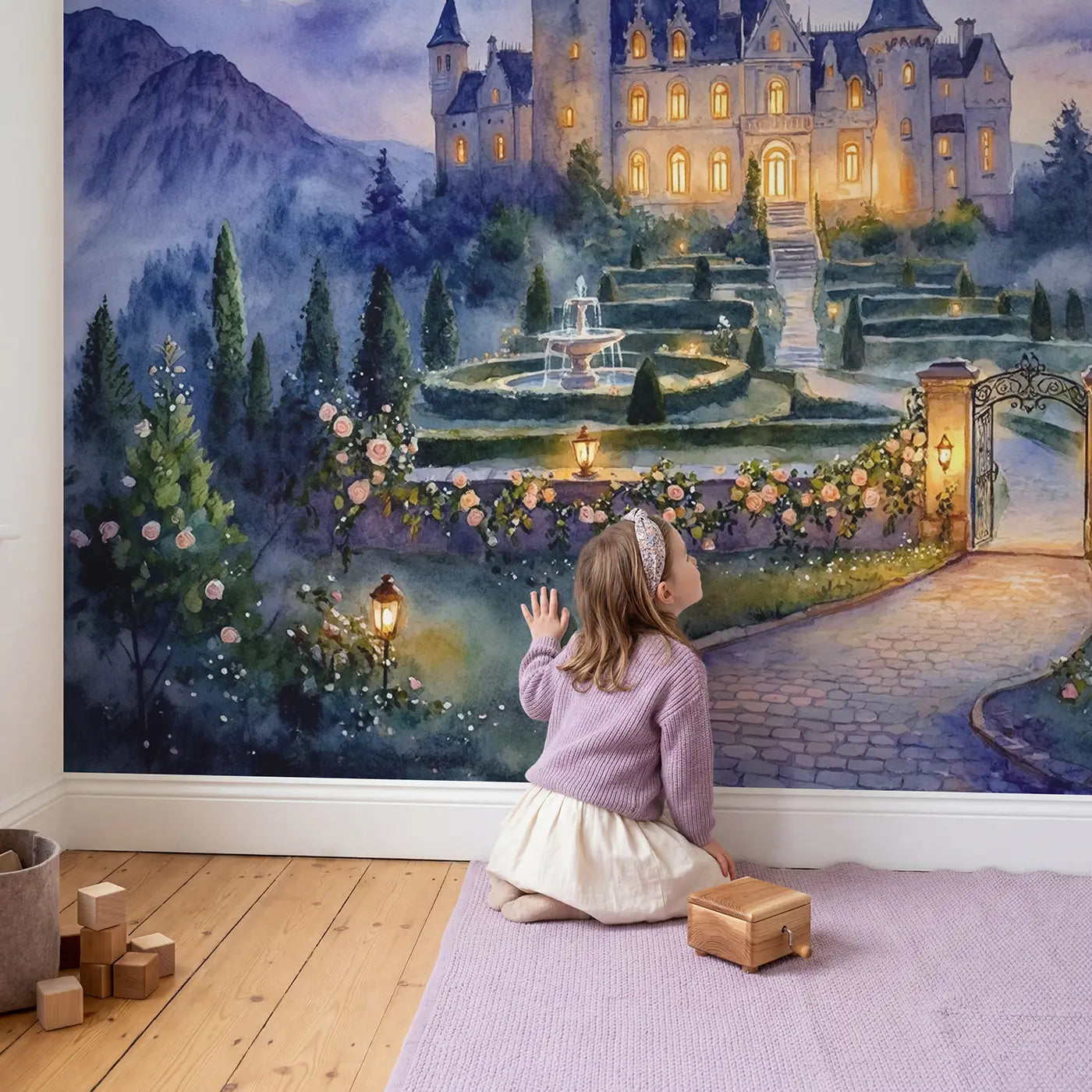 Child in nursery with Moonlit Glowing Castle Wallpaper Mural by Whimsy Tots