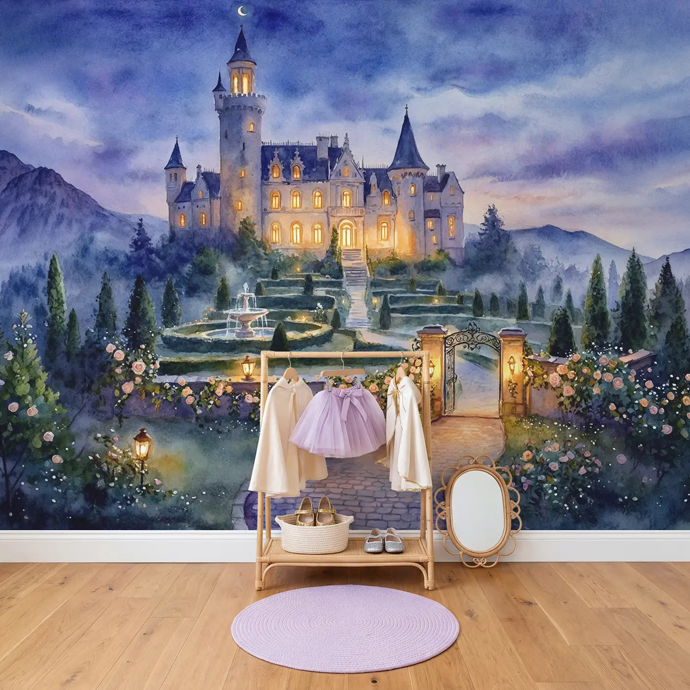 Moonlit Glowing Castle Wallpaper Mural in playroom setting by Whimsy Tots