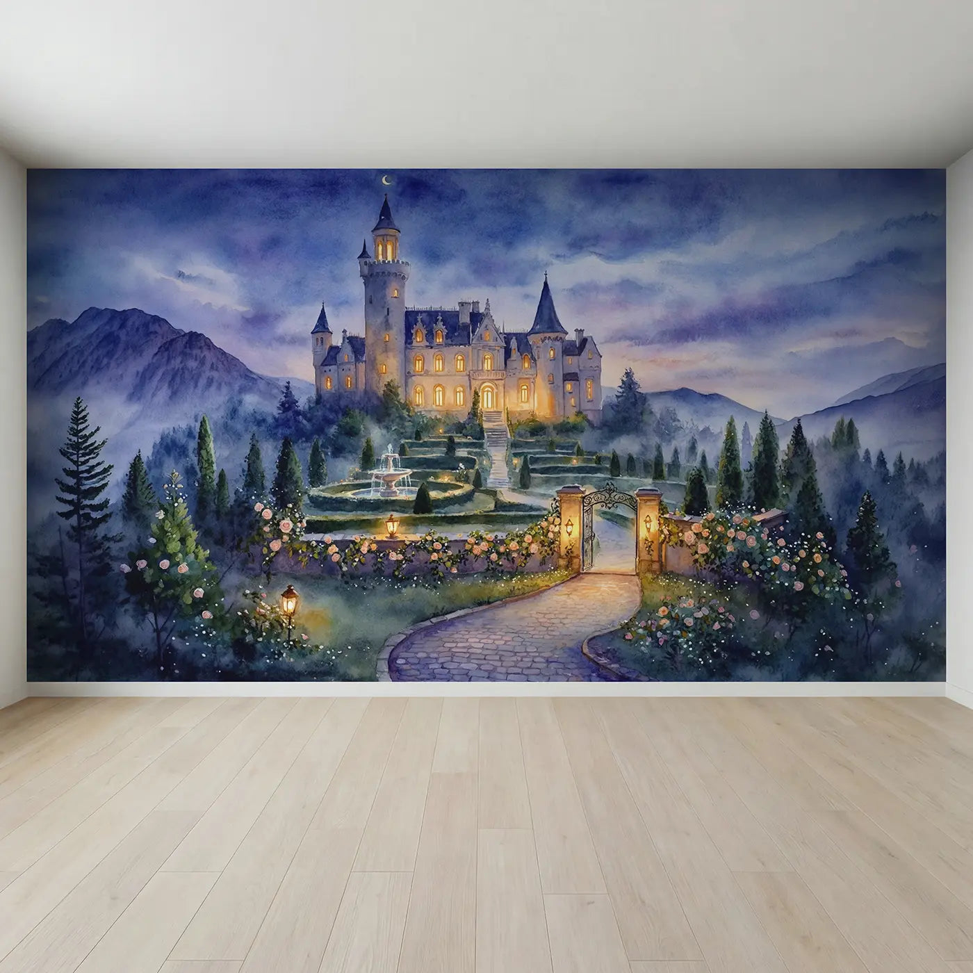 Full view of Moonlit Glowing Castle Wallpaper Mural by Whimsy Tots