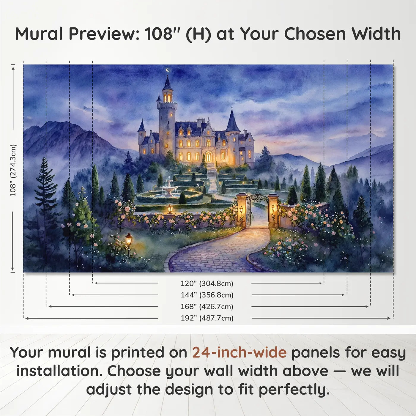 Panel layout and dimensions for Moonlit Glowing Castle Wallpaper Mural by Whimsy Tots