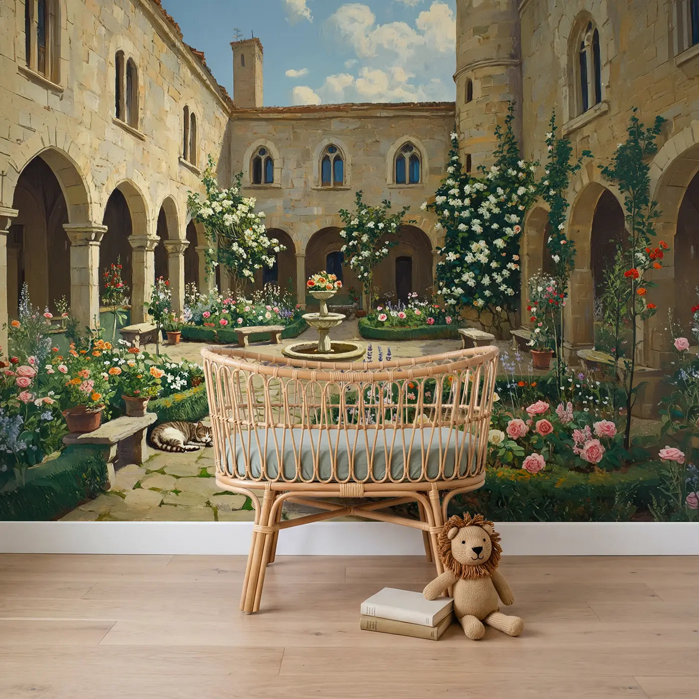 painted castle courtyard bloom garden wallpaper mural for boys room by Whimsy Tots