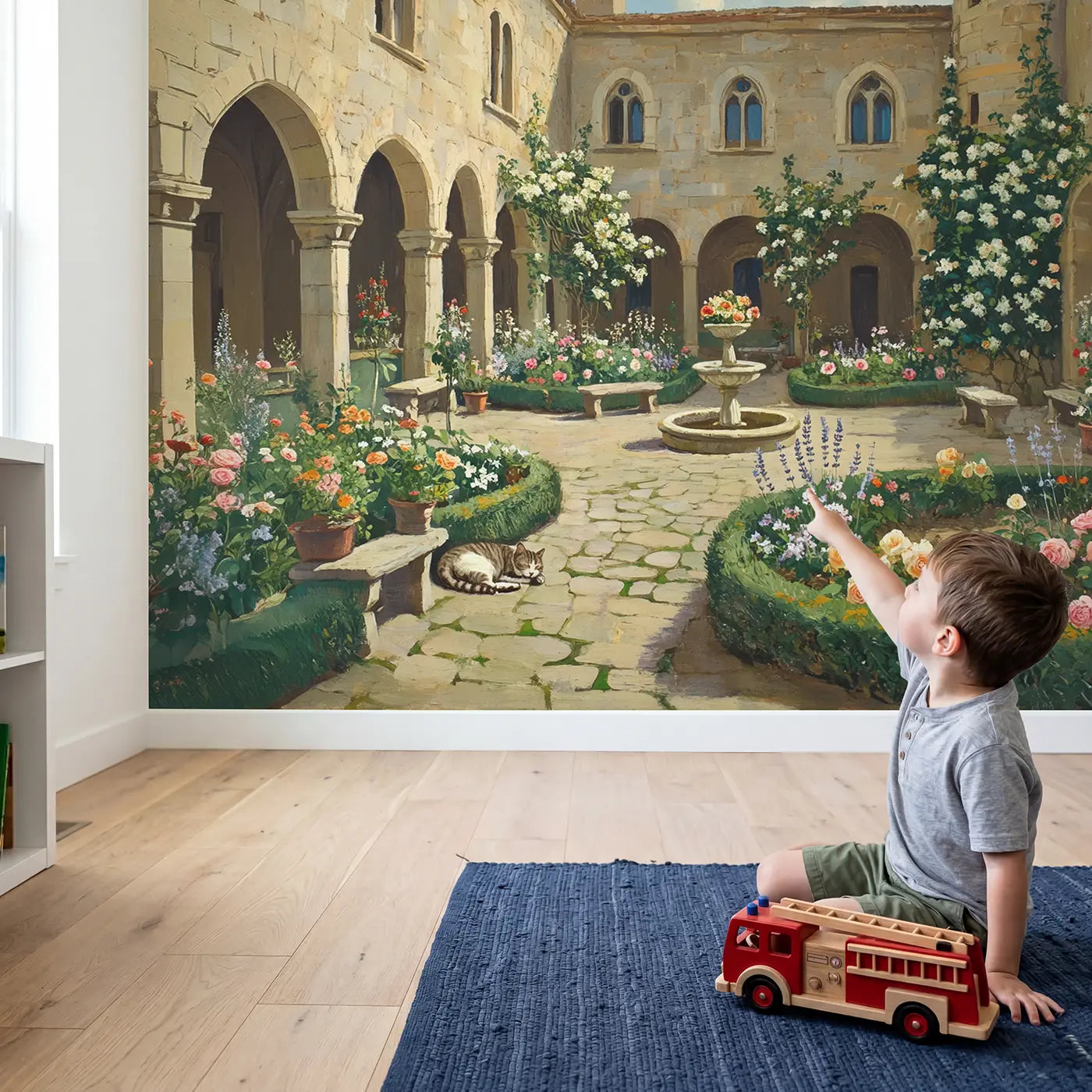 Child in nursery with Castle Courtyard Bloom Garden Wallpaper Mural by Whimsy Tots