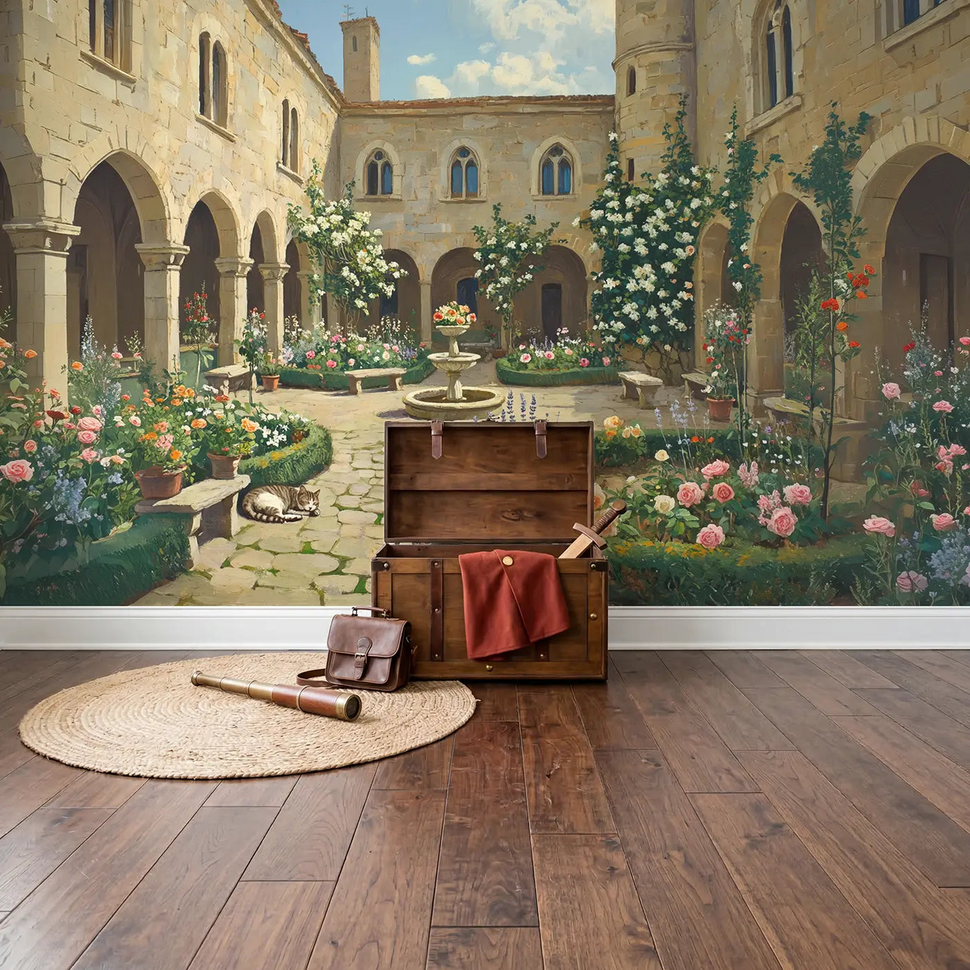 Castle Courtyard Bloom Garden Wallpaper Mural in playroom setting by Whimsy Tots
