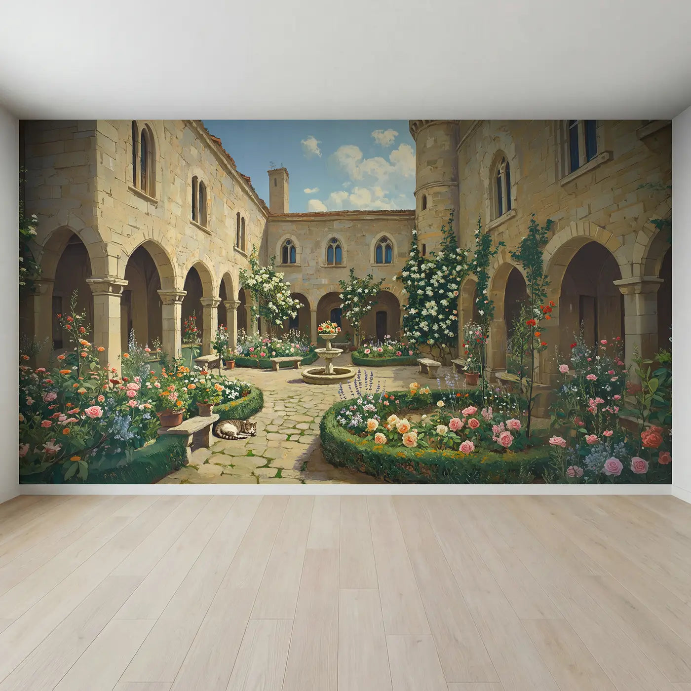 Full view of Castle Courtyard Bloom Garden Wallpaper Mural by Whimsy Tots