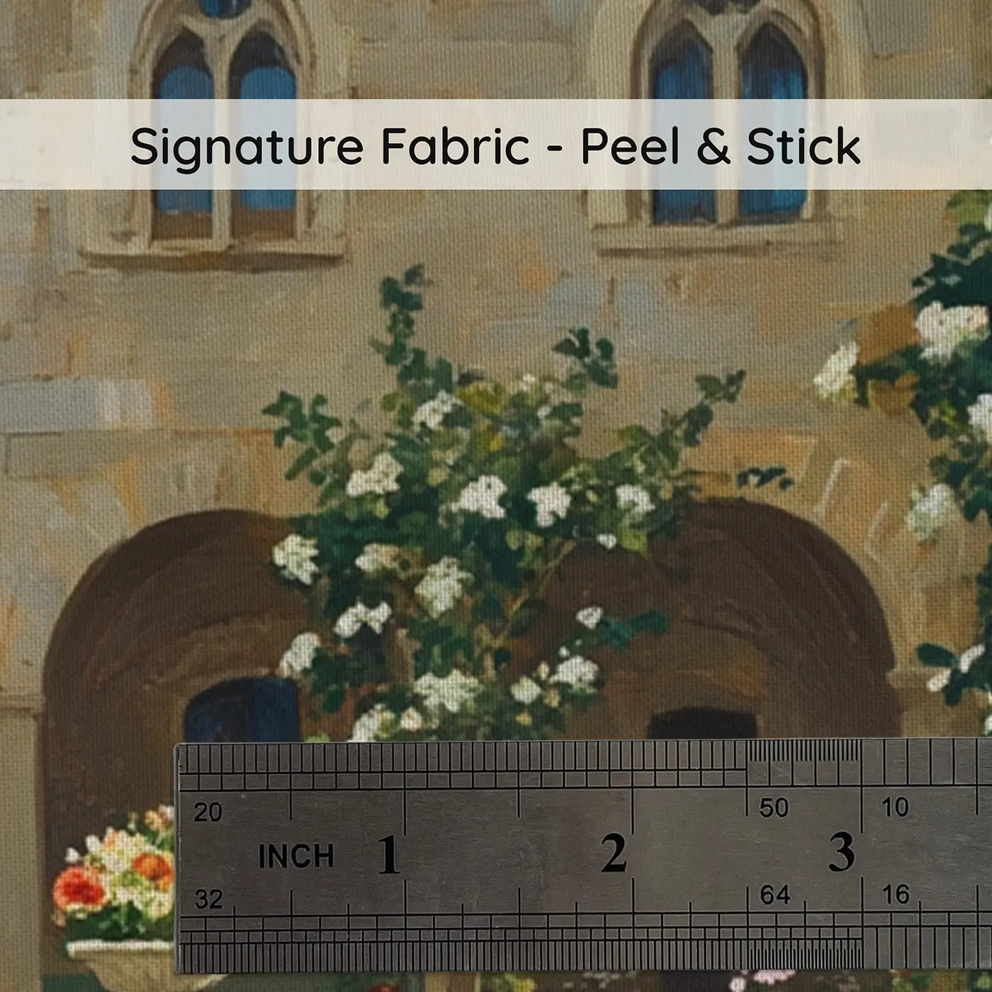Fabric texture close-up of Castle Courtyard Bloom Garden Wallpaper Mural by Whimsy Tots