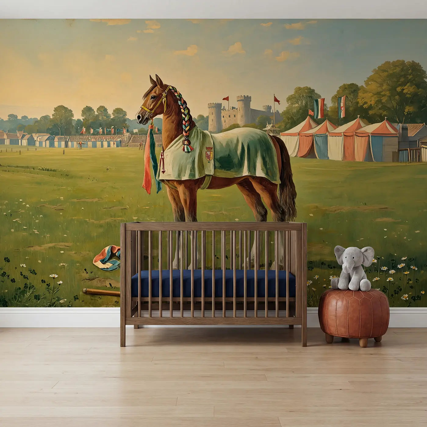 Painted landscape tournament horse castle wallpaper mural for kids room by Whimsy Tots