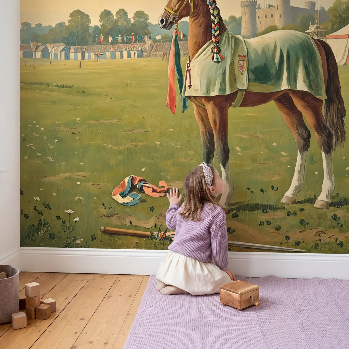 Child in nursery with Tournament Horse Portrait Wallpaper Mural by Whimsy Tots