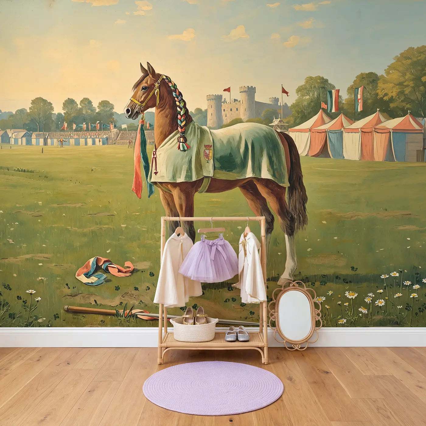 Tournament Horse Portrait Wallpaper Mural in playroom setting by Whimsy Tots