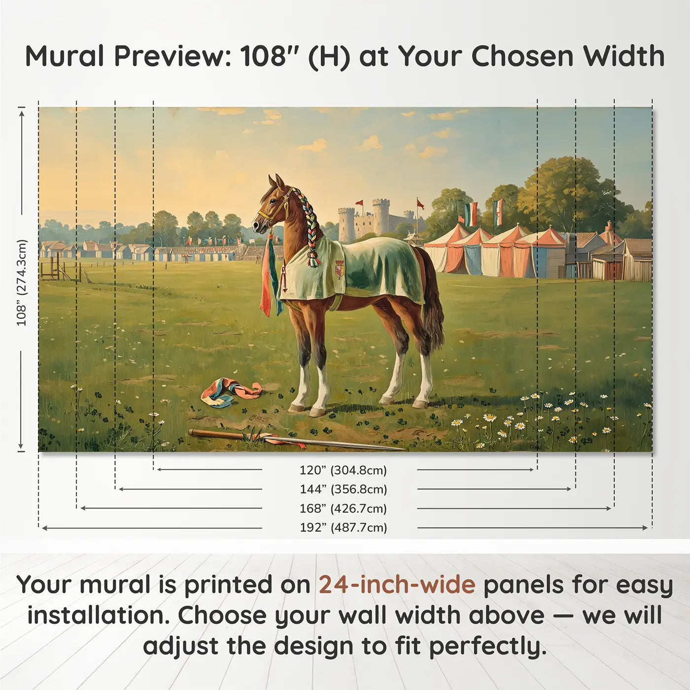Panel layout and dimensions for Tournament Horse Portrait Wallpaper Mural by Whimsy Tots