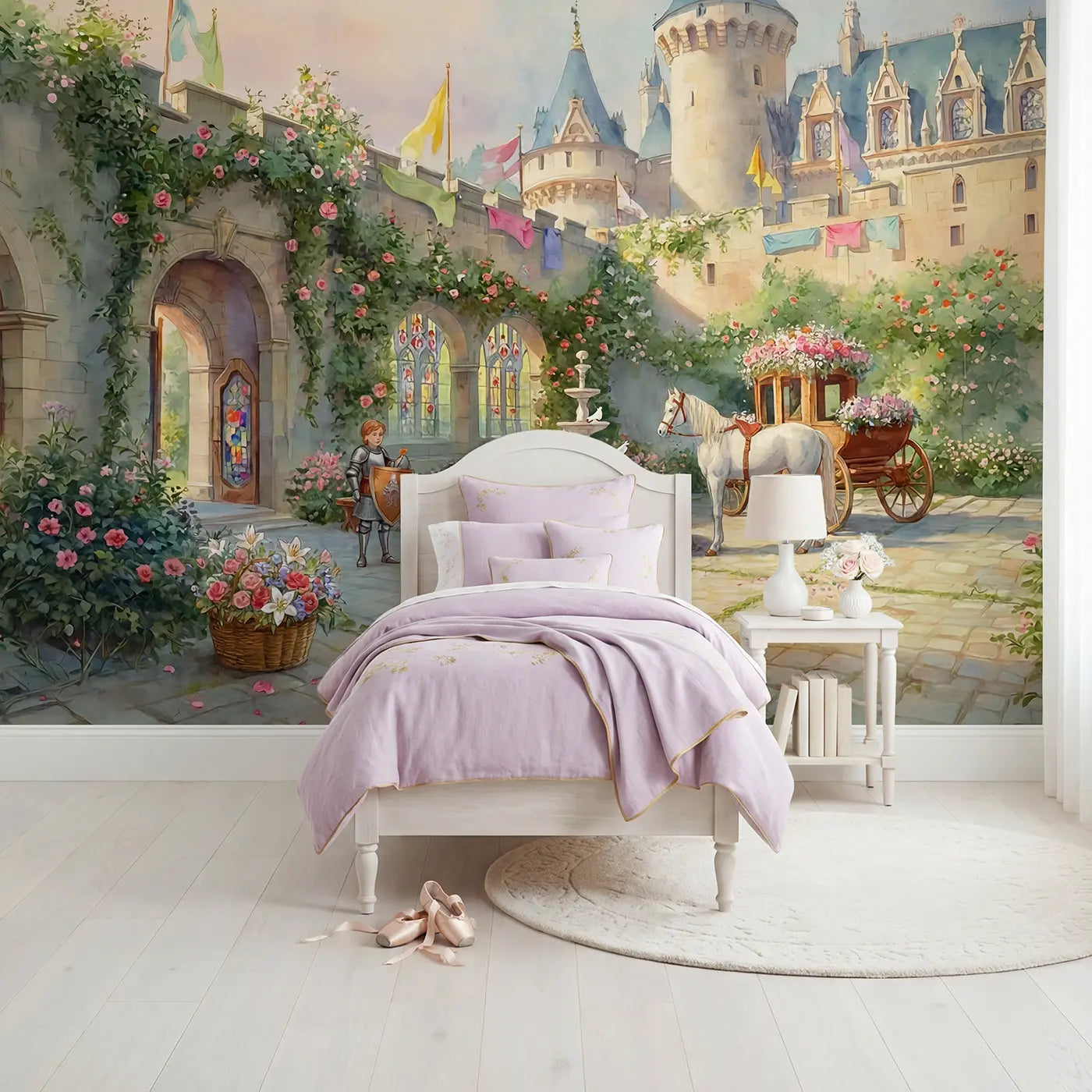 Watercolor castle and princess castle wallpaper mural for kids room by Whimsy Tots