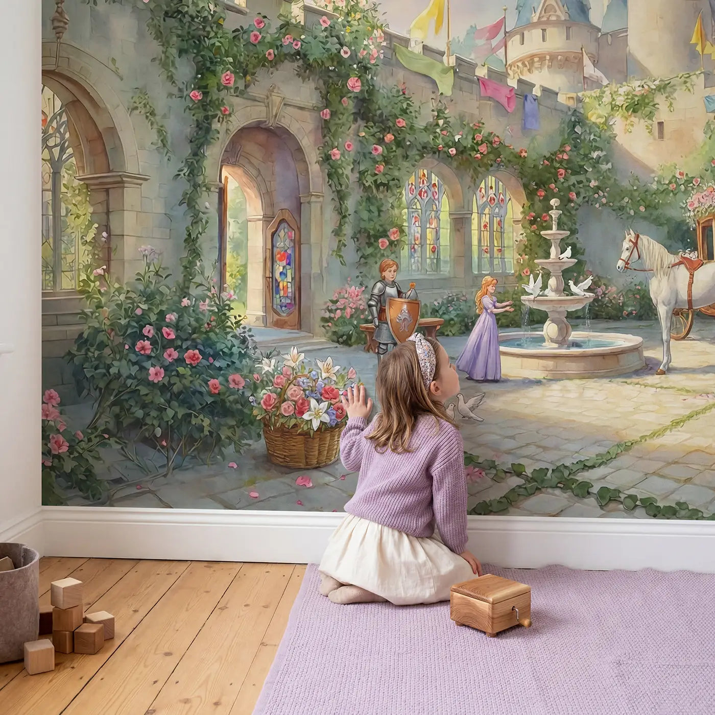 Child in nursery with Watercolor Castle Festival Wallpaper Mural by Whimsy Tots
