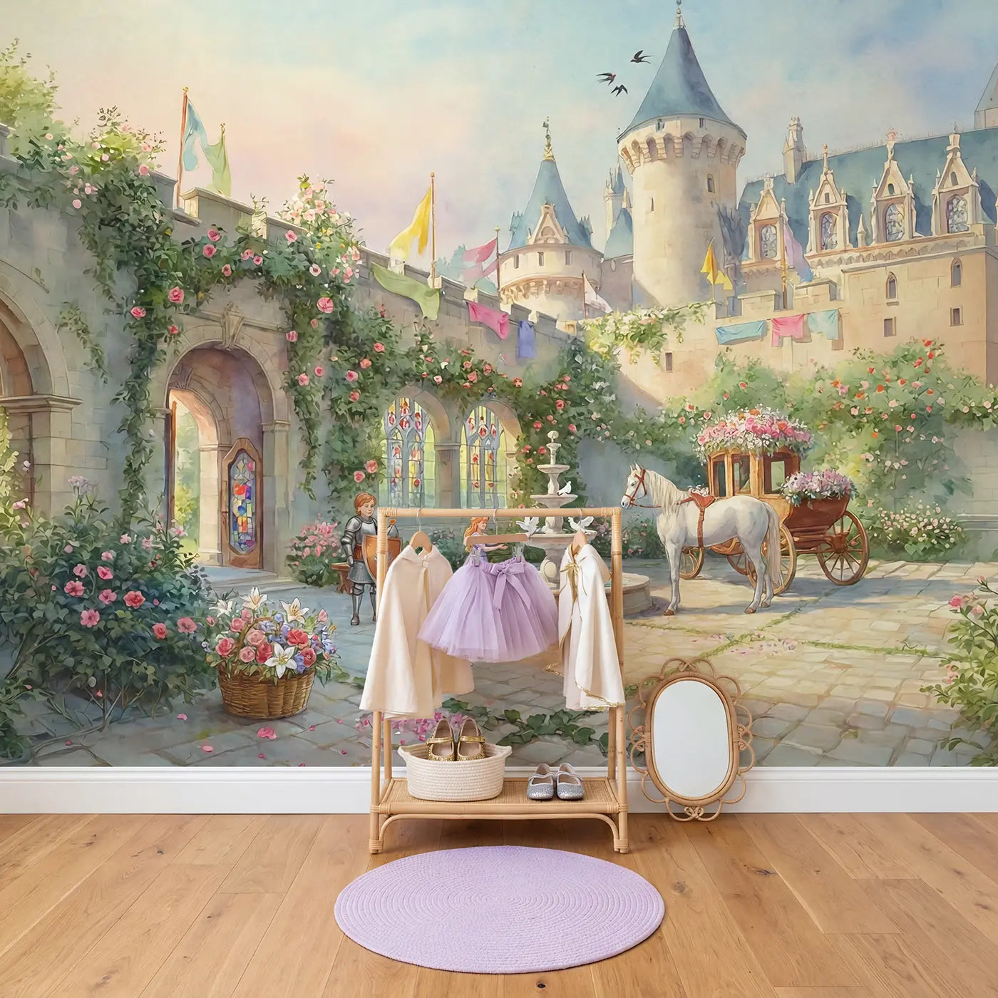 Watercolor Castle Festival Wallpaper Mural in playroom setting by Whimsy Tots