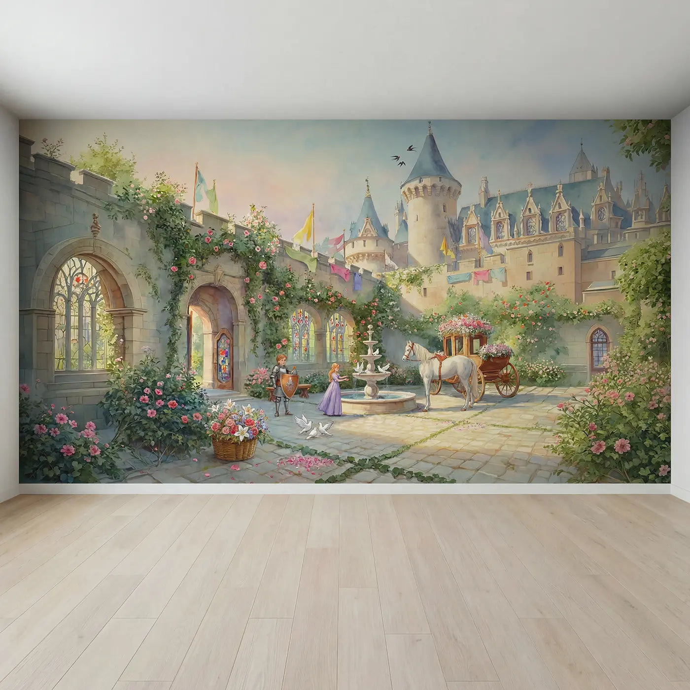 Full view of Watercolor Castle Festival Wallpaper Mural by Whimsy Tots