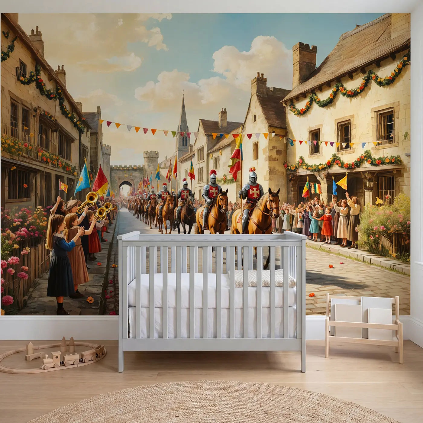 Soft pastel knight and castle wallpaper mural for boys room by Whimsy Tots