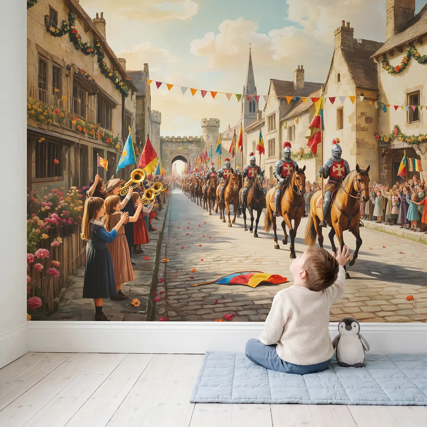Child in nursery with Royal Parade Castle Road Wallpaper Mural by Whimsy Tots