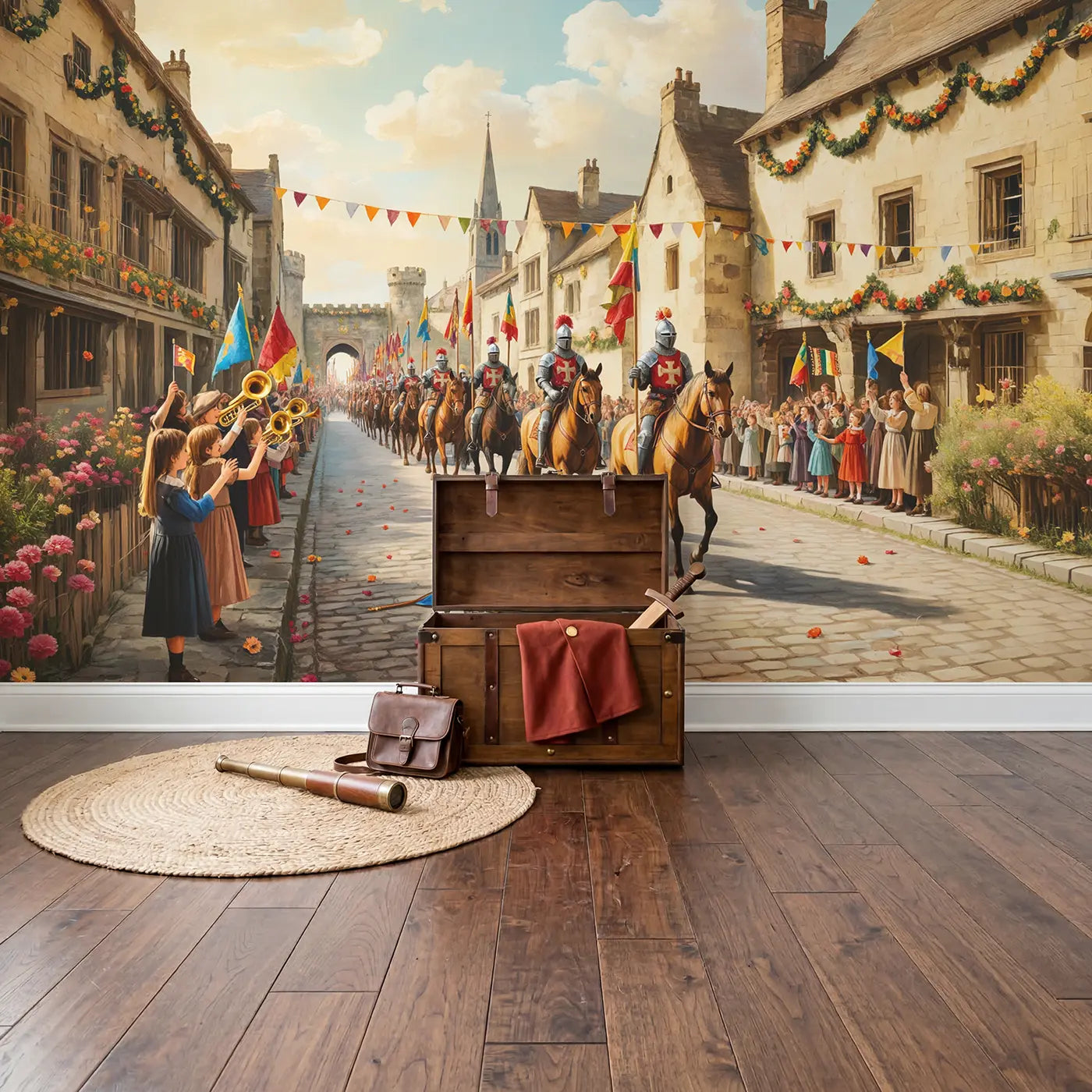 Royal Parade Castle Road Wallpaper Mural in playroom setting by Whimsy Tots