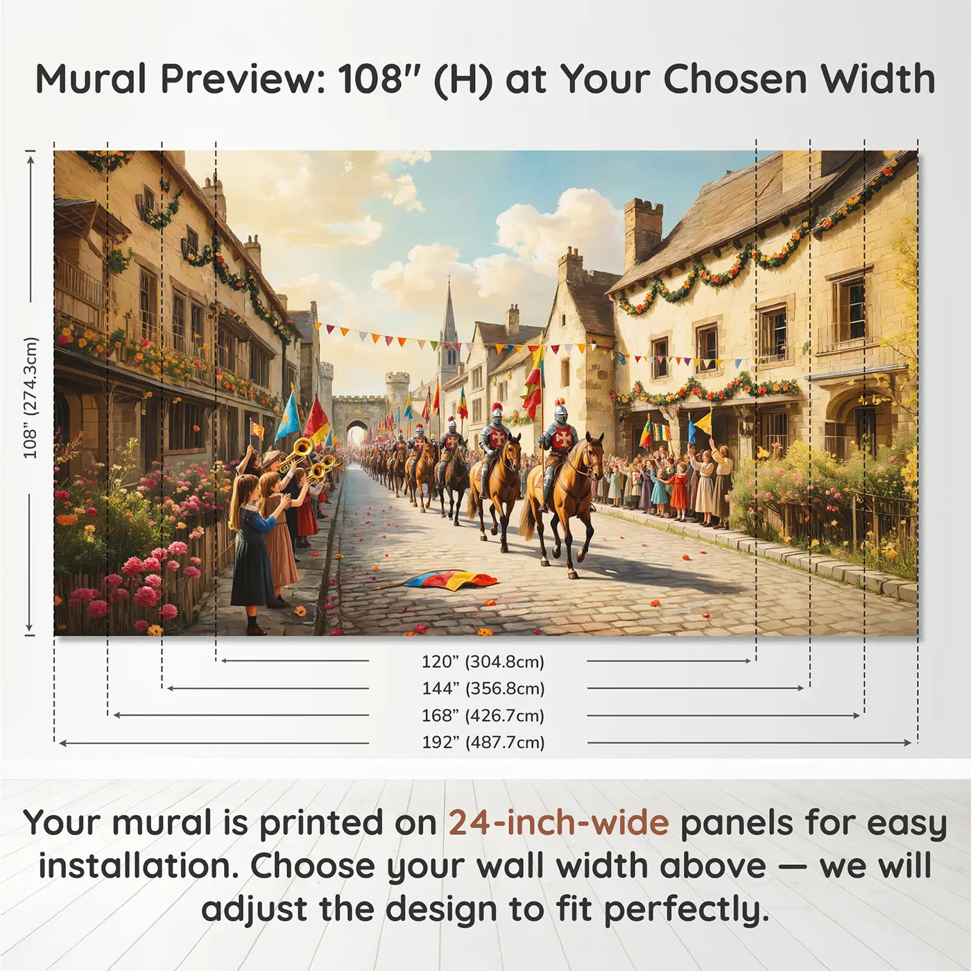 Panel layout and dimensions for Royal Parade Castle Road Wallpaper Mural by Whimsy Tots