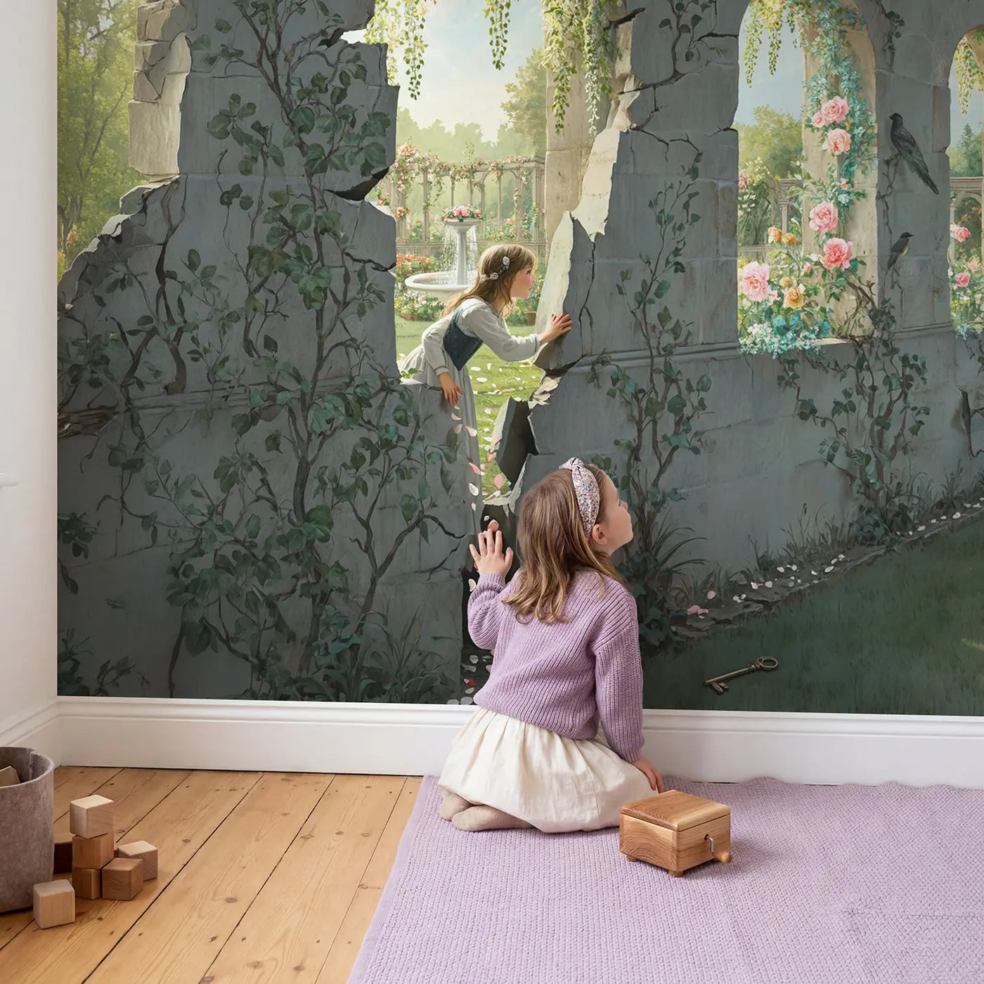 Child in nursery with Secret Garden Discovery Wallpaper Mural by Whimsy Tots