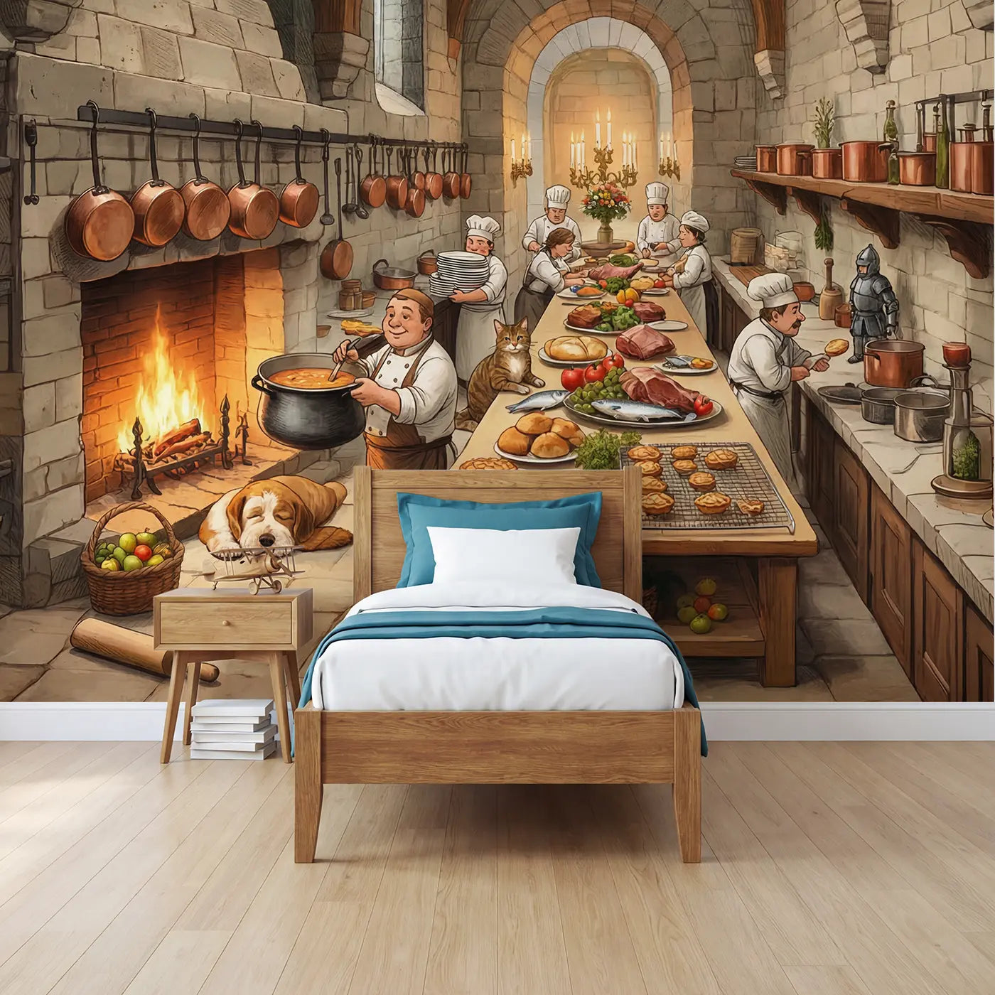 soft pastel castle kitchen feast preparation wallpaper mural for boys room by Whimsy Tots