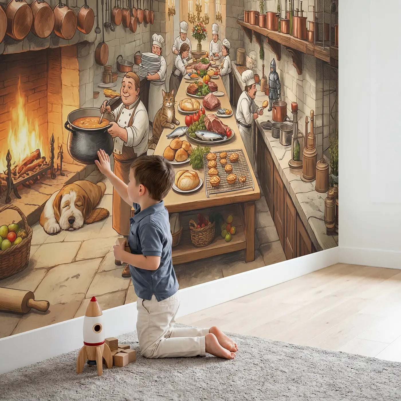 Child in nursery with Castle Kitchen Feast Prep Wallpaper Mural by Whimsy Tots