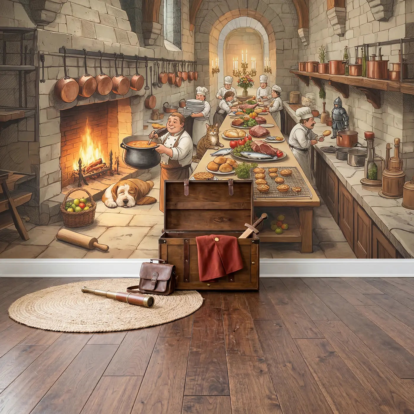 Castle Kitchen Feast Prep Wallpaper Mural in playroom setting by Whimsy Tots