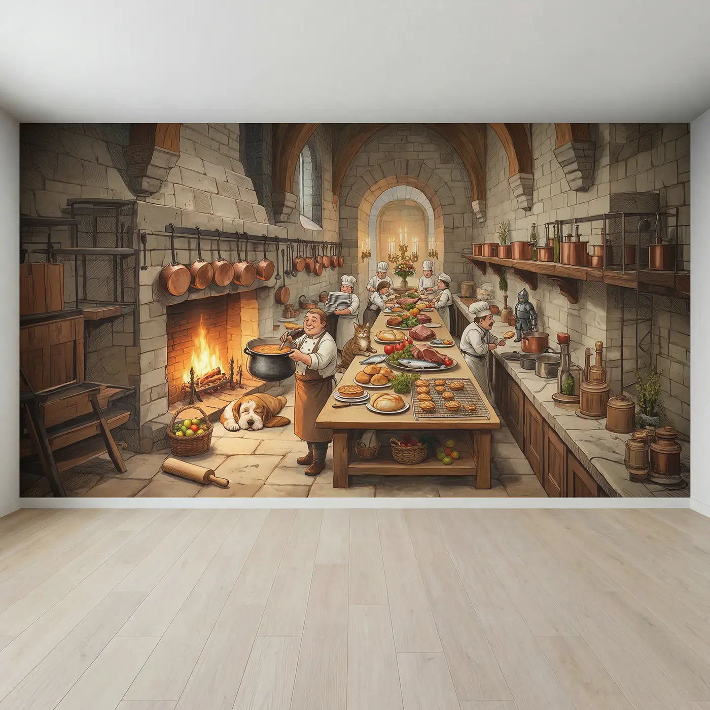 Full view of Castle Kitchen Feast Prep Wallpaper Mural by Whimsy Tots