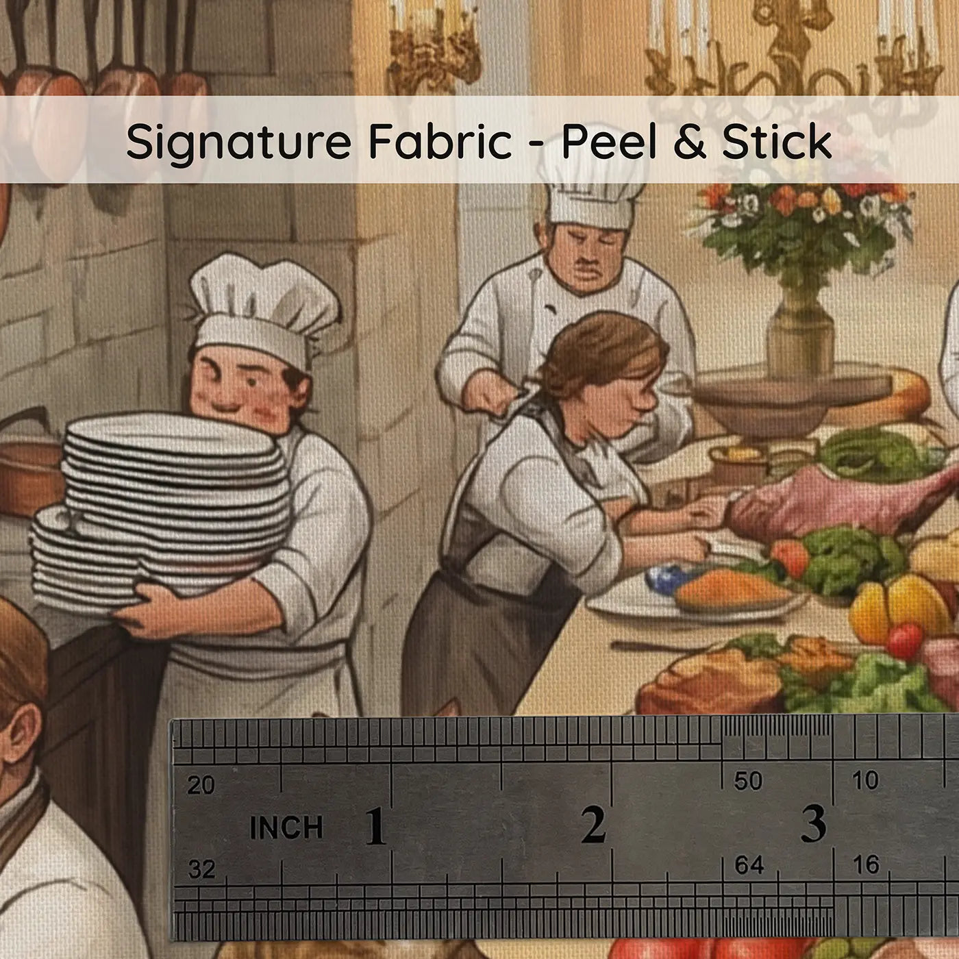 Fabric texture close-up of Castle Kitchen Feast Prep Wallpaper Mural by Whimsy Tots