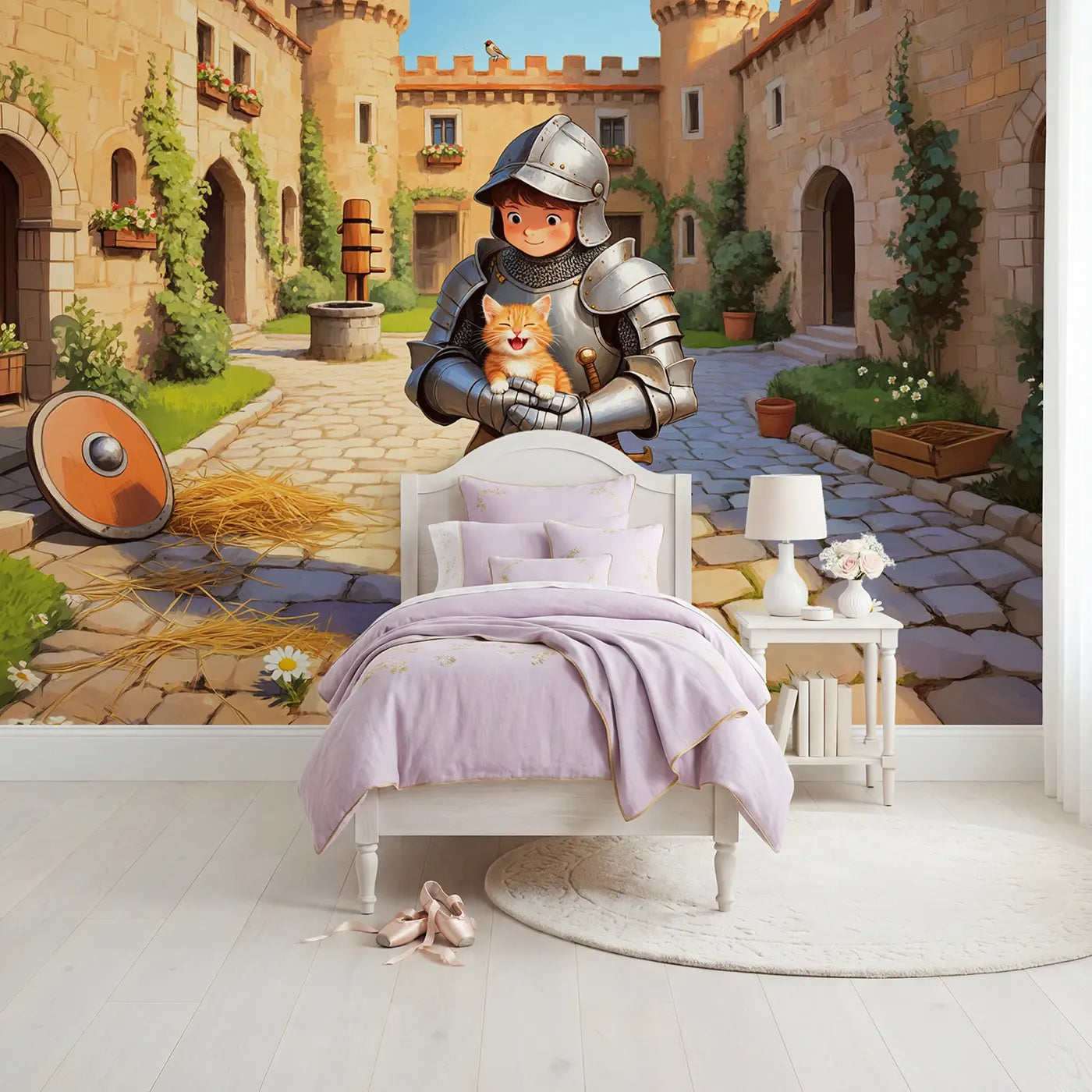 soft pastel young knight kitten courtyard mural for girls room by Whimsy Tots