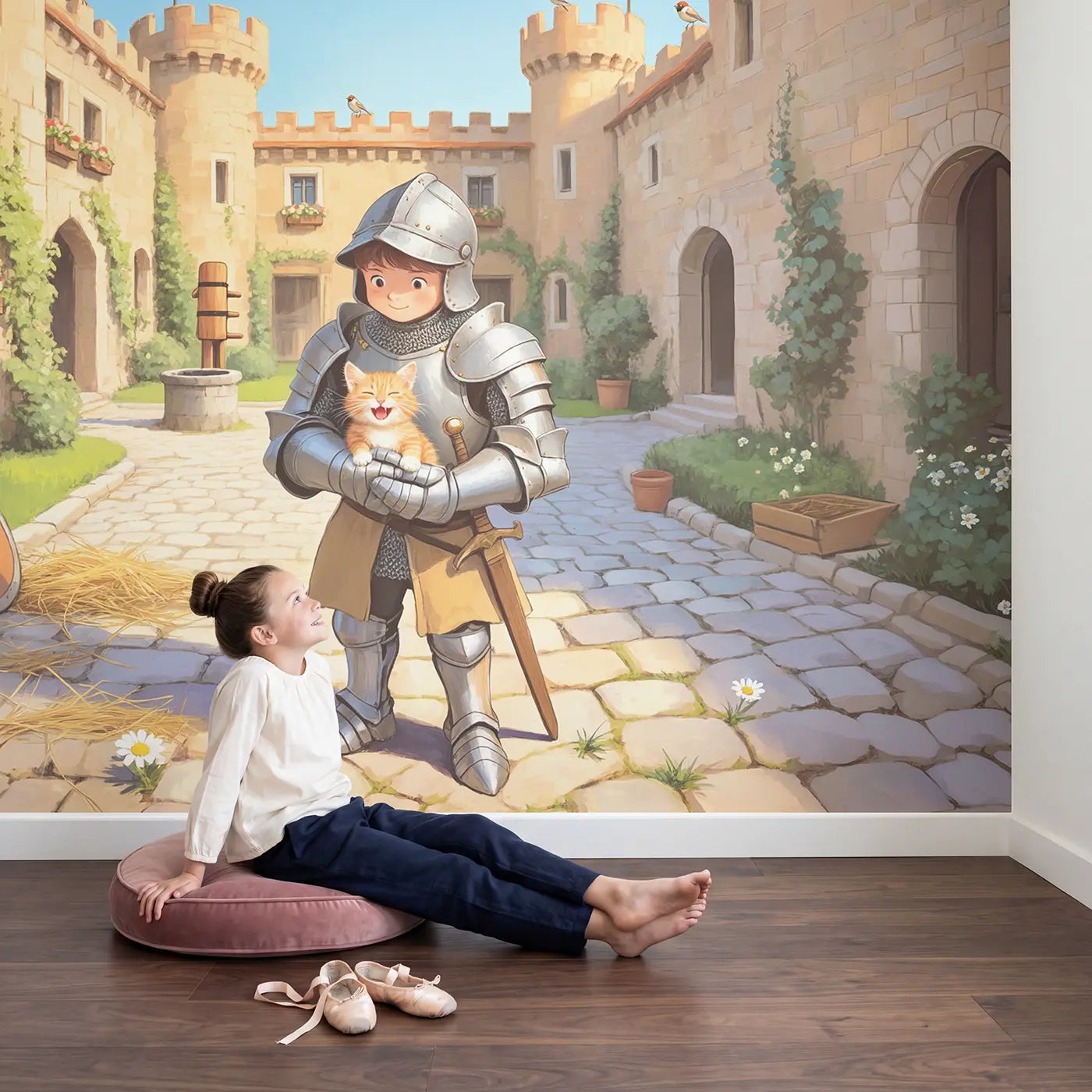 Child in nursery with Young Knight and Kitten Courtyard Wallpaper Mural by Whimsy Tots