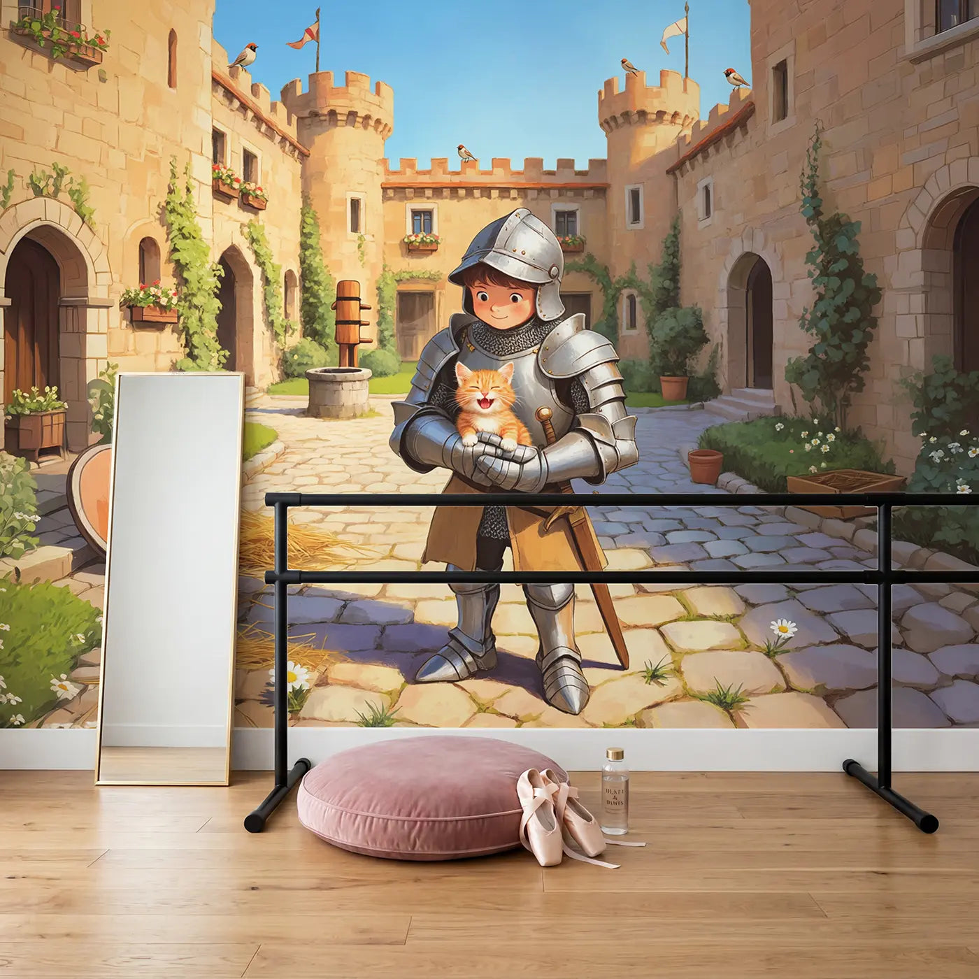 Young Knight and Kitten Courtyard Wallpaper Mural in playroom setting by Whimsy Tots