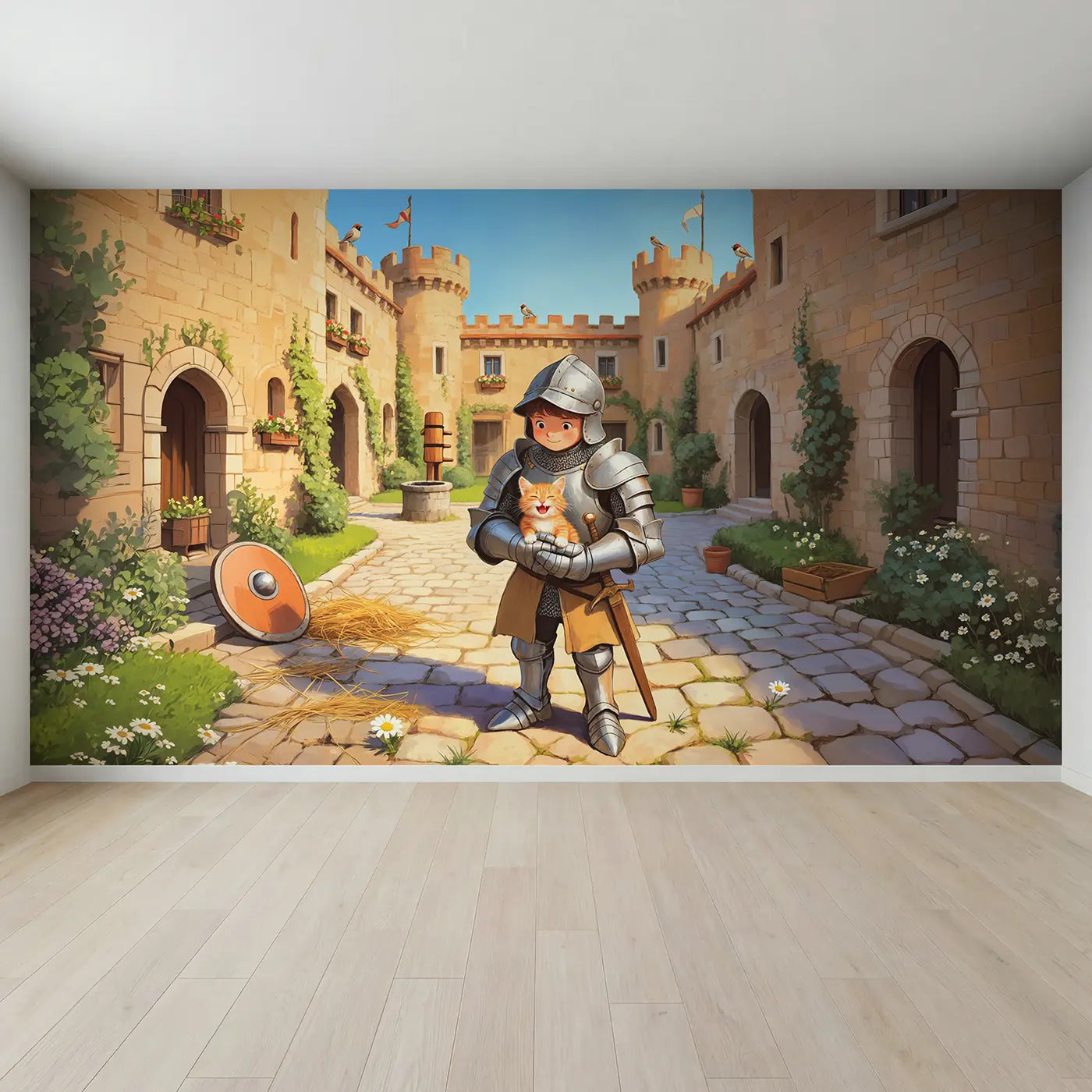 Full view of Young Knight and Kitten Courtyard Wallpaper Mural by Whimsy Tots