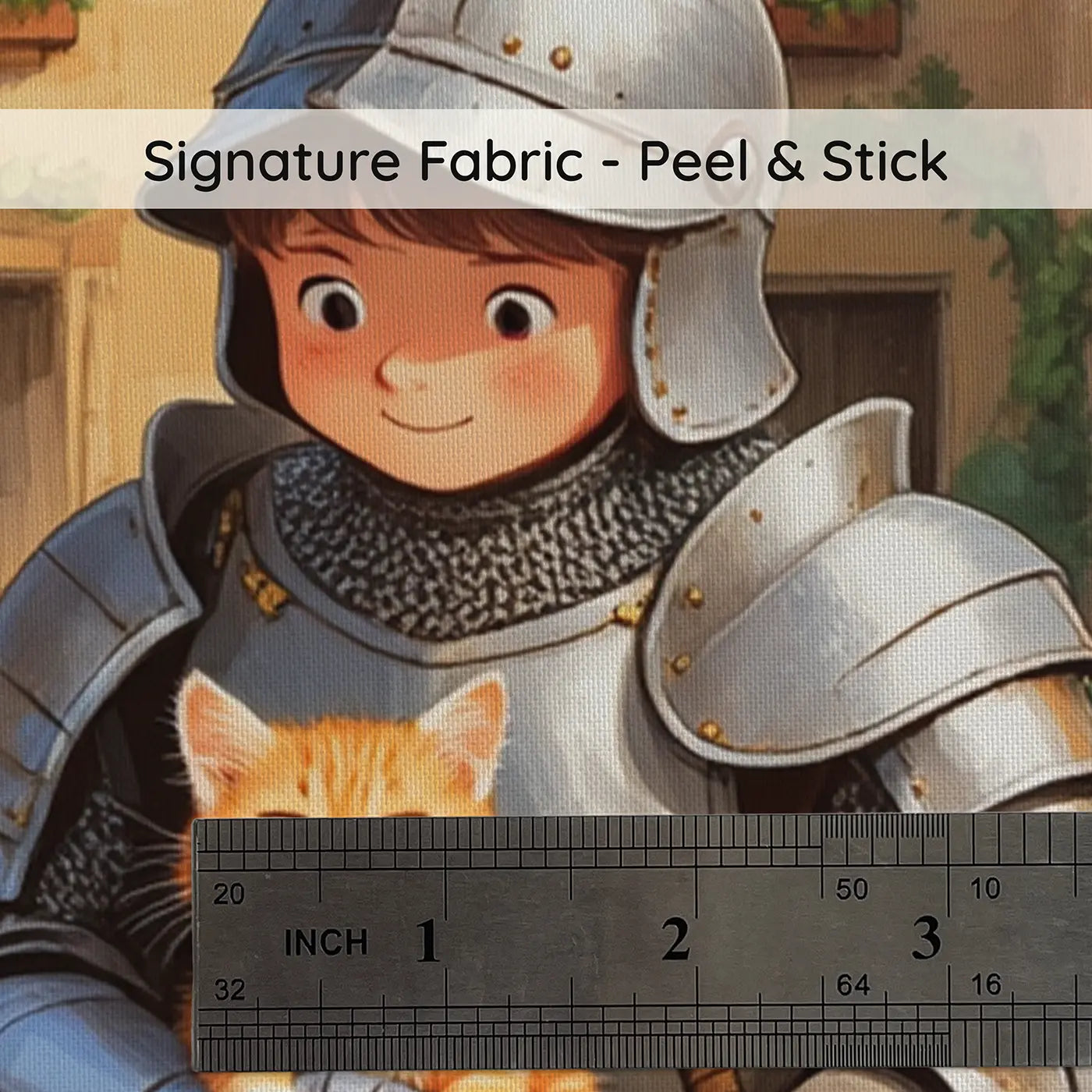 Fabric texture close-up of Young Knight and Kitten Courtyard Wallpaper Mural by Whimsy Tots