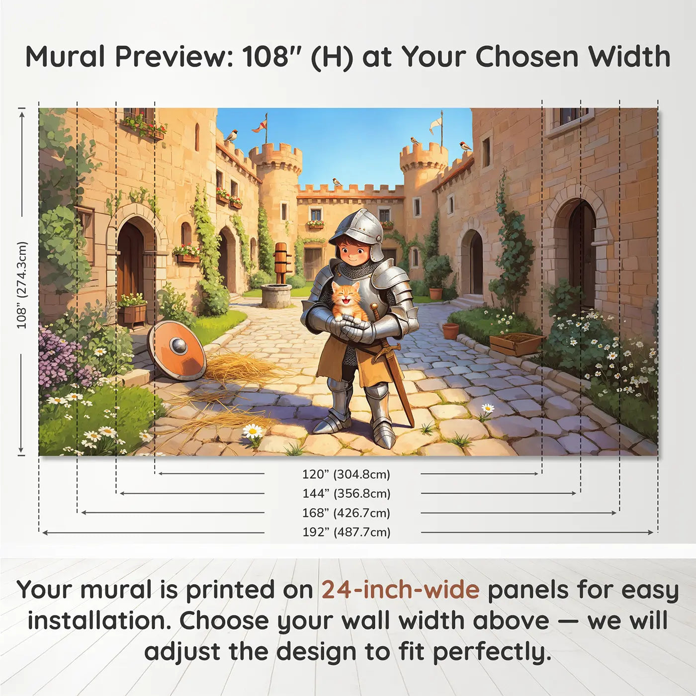 Panel layout and dimensions for Young Knight and Kitten Courtyard Wallpaper Mural by Whimsy Tots