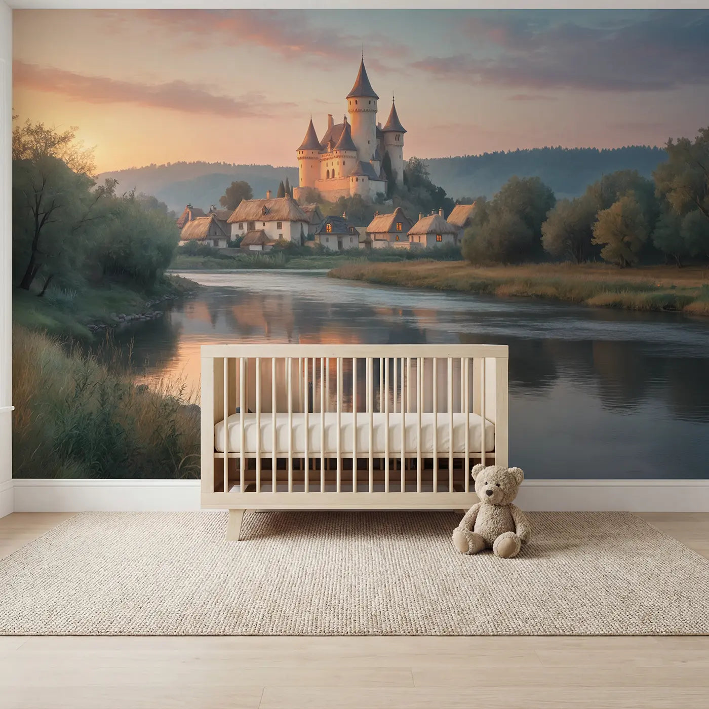 Soft Pastel dawn castle river approach wallpaper mural for kids room by Whimsy Tots