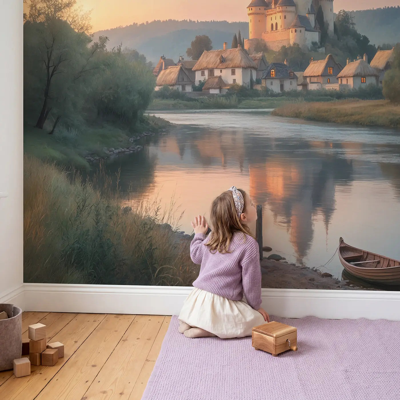 Child in nursery with Dawn Castle River Approach Wallpaper Mural by Whimsy Tots