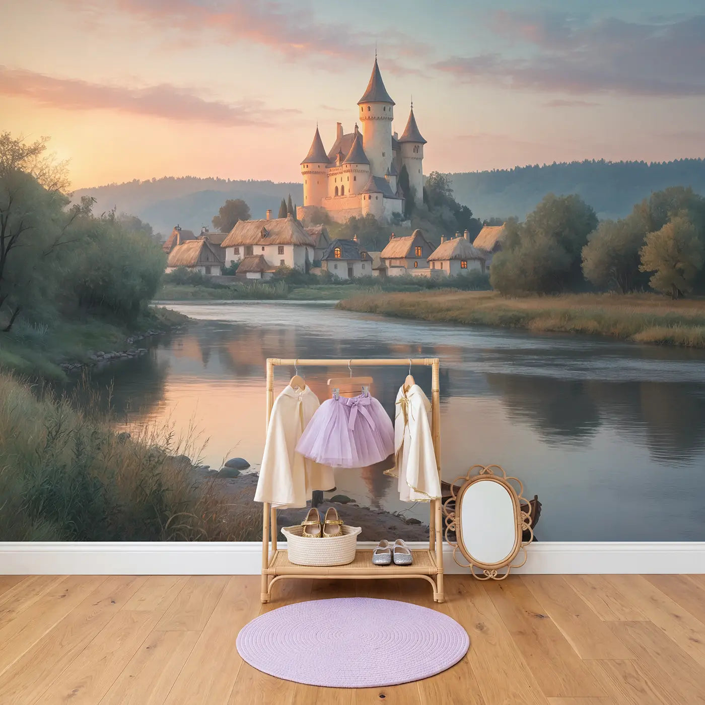 Dawn Castle River Approach Wallpaper Mural in playroom setting by Whimsy Tots
