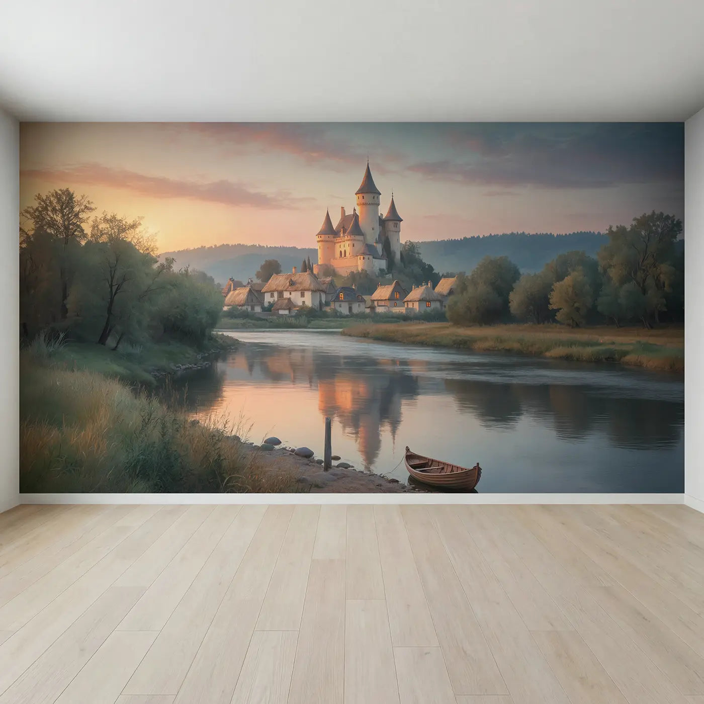 Full view of Dawn Castle River Approach Wallpaper Mural by Whimsy Tots