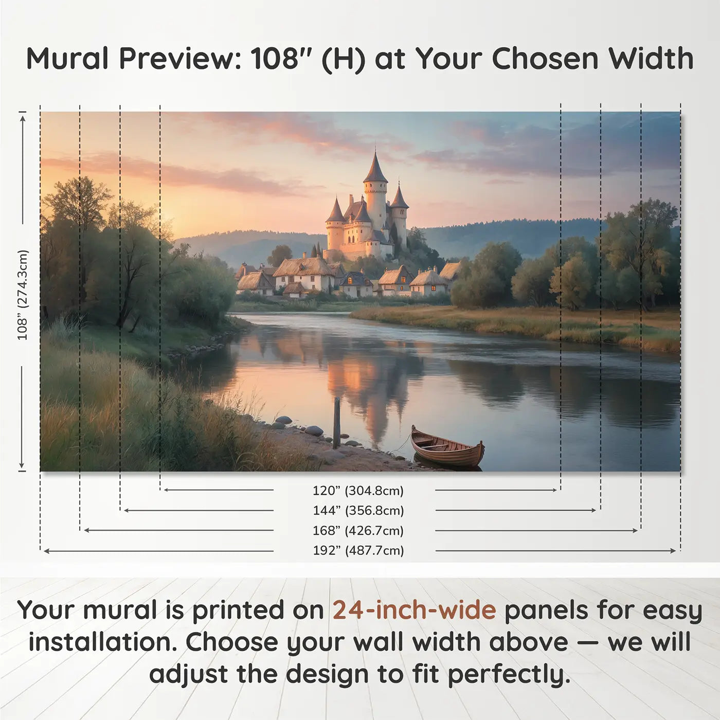 Panel layout and dimensions for Dawn Castle River Approach Wallpaper Mural by Whimsy Tots