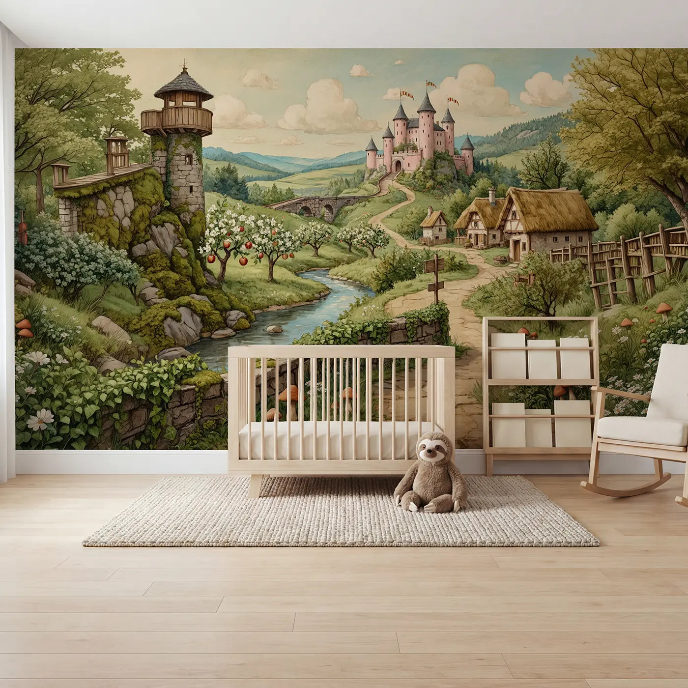 Storybook castle and tower castle wallpaper mural for kids room by Whimsy Tots