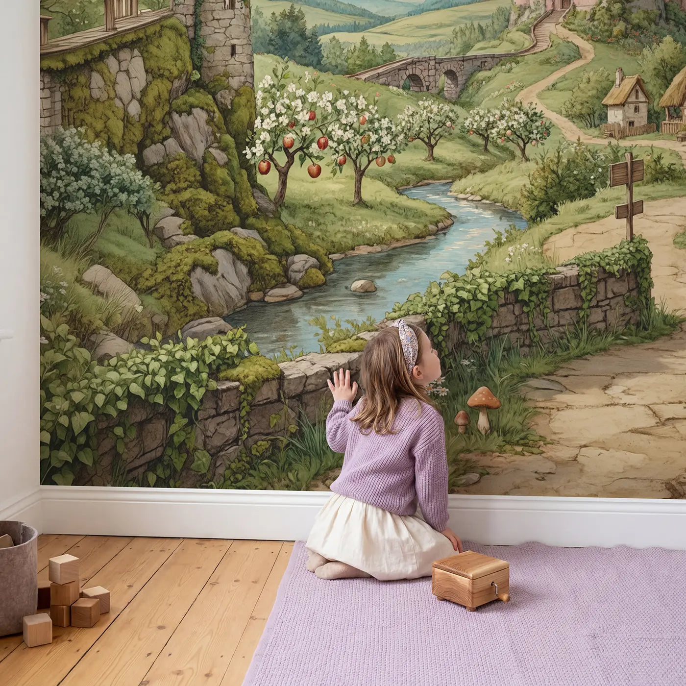 Child in nursery with Fairy Tale Castle Valley Wallpaper Mural by Whimsy Tots