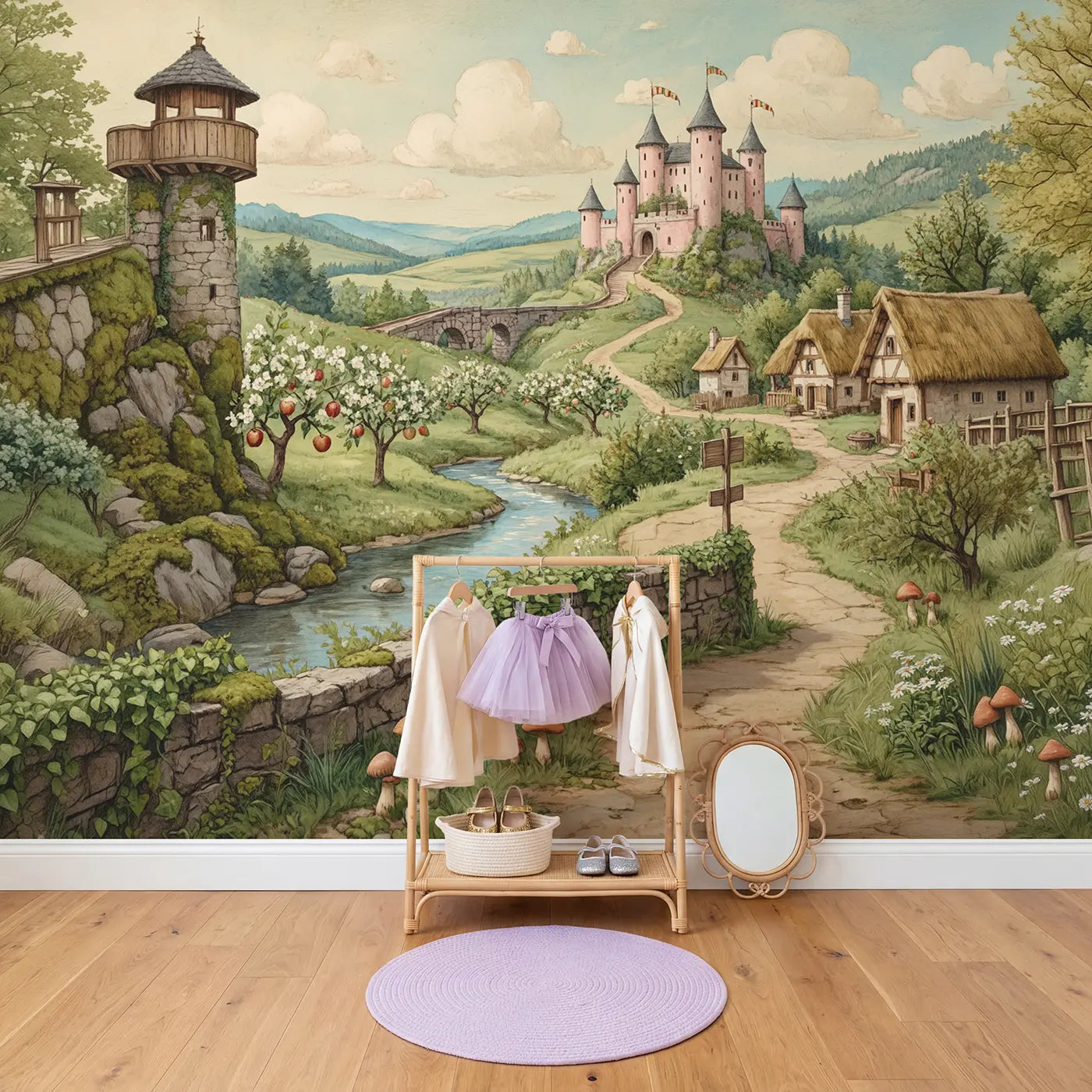 Fairy Tale Castle Valley Wallpaper Mural in playroom setting by Whimsy Tots