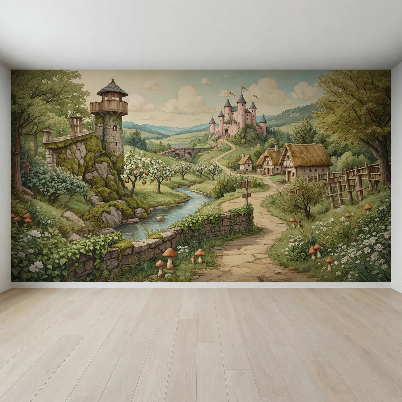 Full view of Fairy Tale Castle Valley Wallpaper Mural by Whimsy Tots
