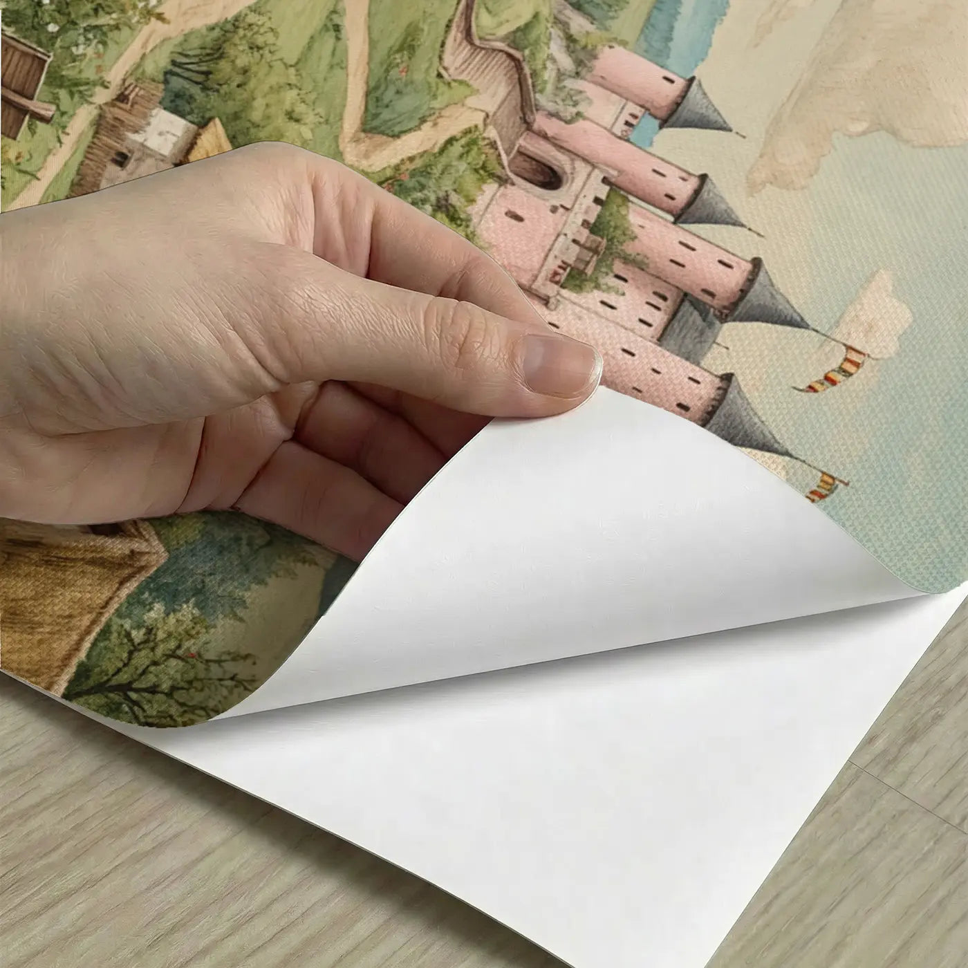 Peel-and-stick detail of Fairy Tale Castle Valley Wallpaper Mural by Whimsy Tots