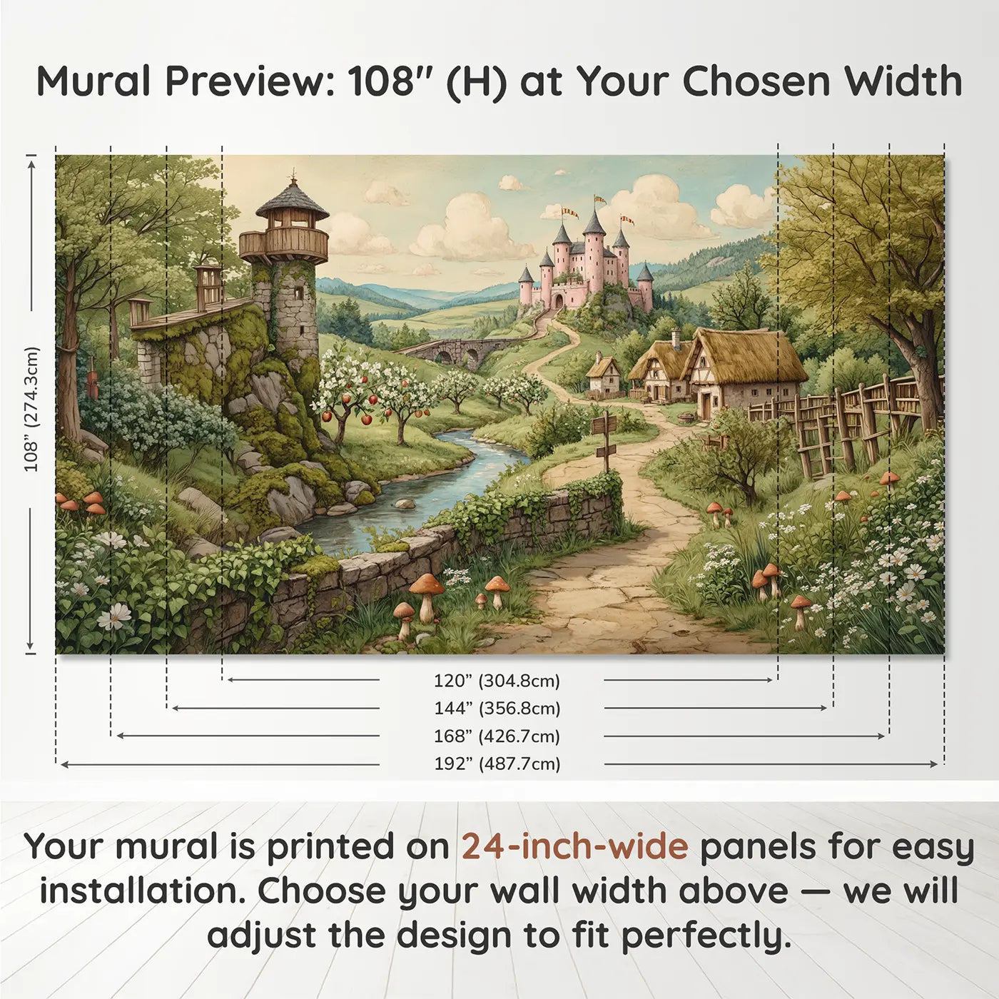 Panel layout and dimensions for Fairy Tale Castle Valley Wallpaper Mural by Whimsy Tots