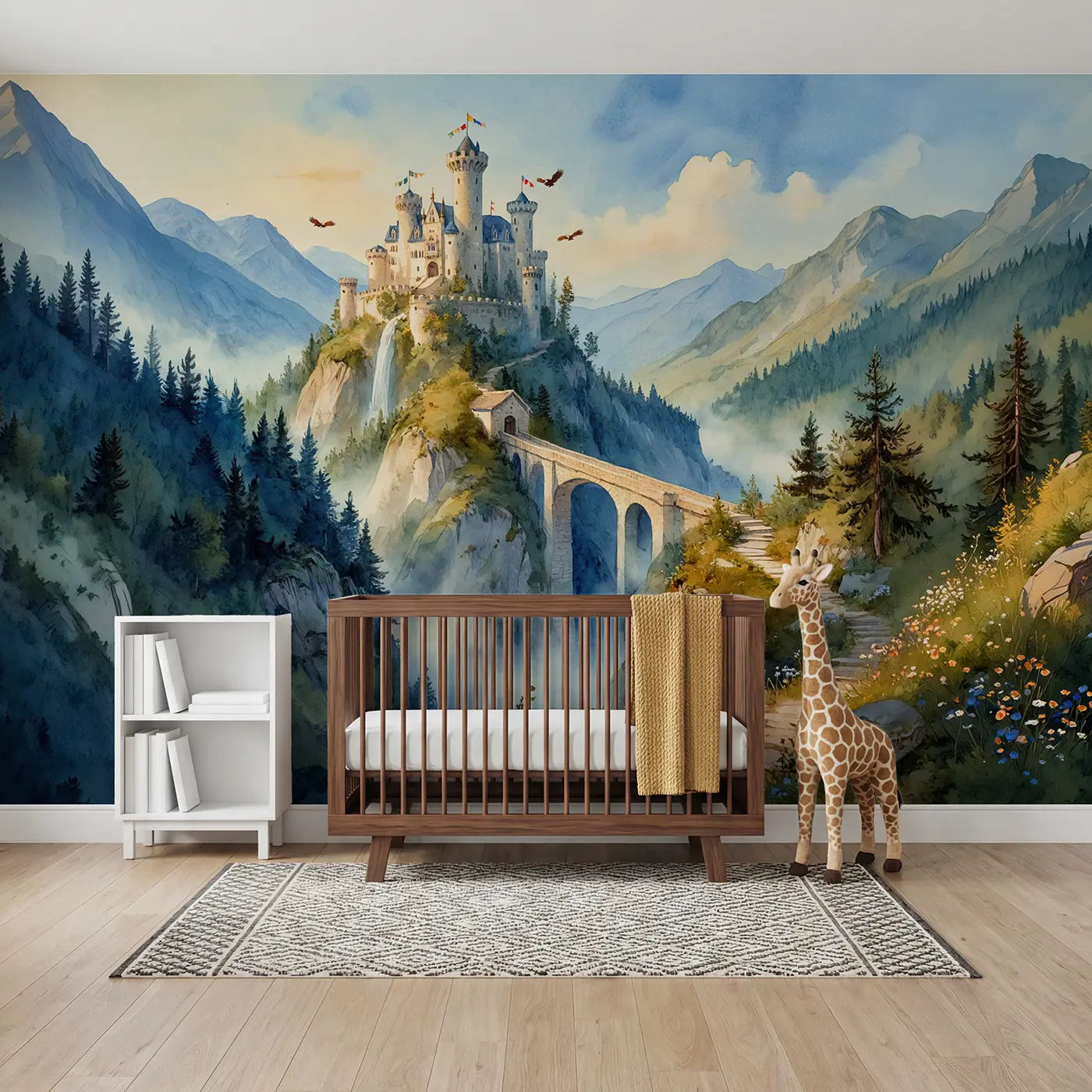 Watercolor mountain bridge castle clouds wallpaper mural for kids room by Whimsy Tots