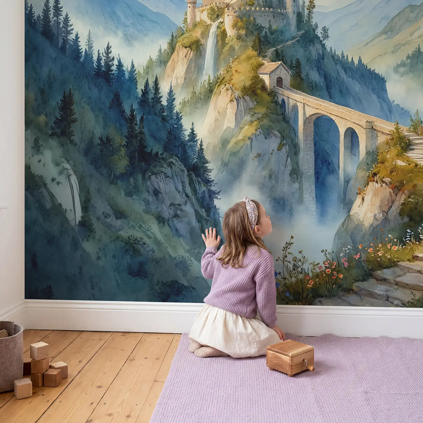 Child in nursery with Mountain Bridge Castle Wallpaper Mural by Whimsy Tots