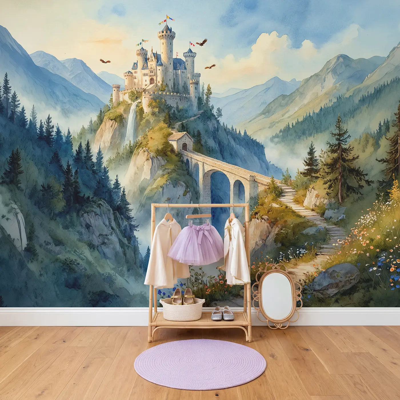 Mountain Bridge Castle Wallpaper Mural in playroom setting by Whimsy Tots