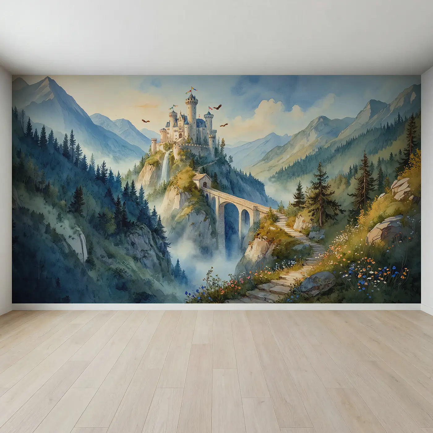 Full view of Mountain Bridge Castle Wallpaper Mural by Whimsy Tots