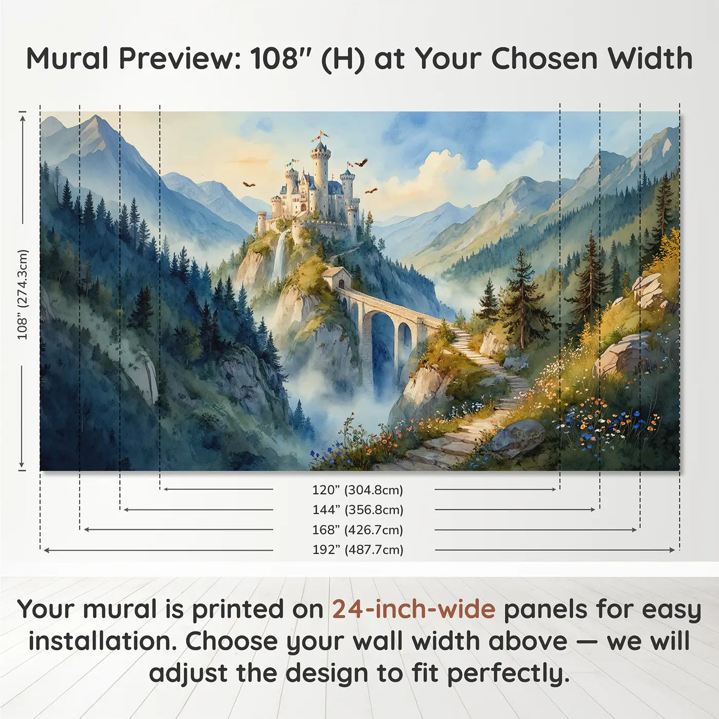 Panel layout and dimensions for Mountain Bridge Castle Wallpaper Mural by Whimsy Tots
