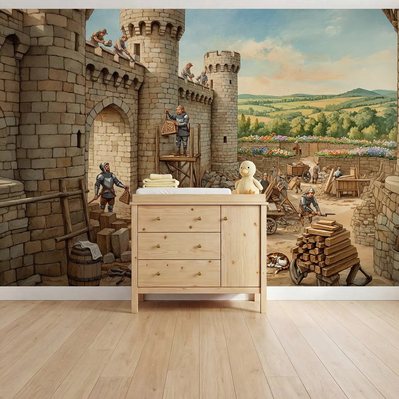 Storybook castle tower under construction wallpaper mural for nursery by Whimsy Tots